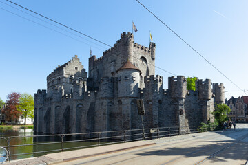 Medieval castle Gravensteen (Castle of the Counts) in Ghent, Belgium. - 578131911