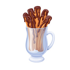 Bunch of churros in glass cup vector illustration. Cartoon isolated transparent mug with handle full of churro sticks with chocolate sauce, crunchy sweet food and delicious snack for breakfast