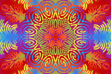 Beautiful caleidoscope symmetrical colourful gradient flowers line art of traditional background batik dayak ornament design template elements
