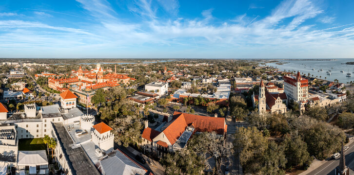 Aerial panorama of St. Augustine, Florida. Founded in 1565 by Spanish explorers, it is the oldest continuously inhabited European-established settlement in what is now the contiguous United States.