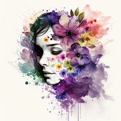 Woman's face with flowers in water colour