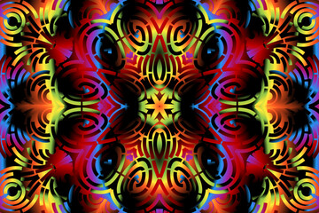 Beautiful caleidoscope symmetrical colourful gradient flowers line art of traditional background batik dayak ornament design template elements
