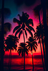 Blue palm trees at sunset.  Generative AI.