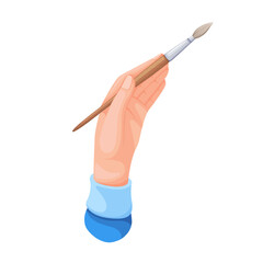 Artists hand holding brush to draw vector illustration. Cartoon isolated painter drawing with paints and paintbrush, designer with tool painting, process of making creative artwork on art workshop