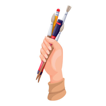 Hand holding artists tools for art drawings vector illustration. Cartoon isolated human arm with brushes, marker and pencil to make art work, person with school and office stationery and supplies