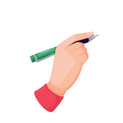 Hand holding biro pen vector illustration. Cartoon isolated human arm of author or student writing with plastic ballpoint pen with metal tip, person using office and school stationery to sign document