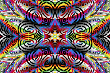 Beautiful caleidoscope symmetrical colourful gradient flowers line art of traditional background batik dayak ornament design template elements
