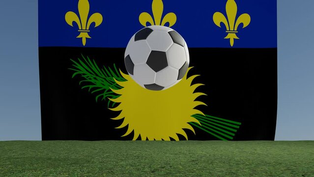 Soccer Football bouncing on grass colliding with viewer in front of Flag of Guadeloupe