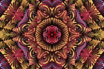 Beautiful caleidoscope symmetrical colourful gradient flowers line art of traditional background batik dayak ornament design template elements
