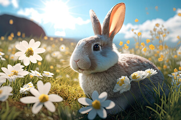 Fototapeta premium Easter bunny and easter eggs on the green meadow, generative AI