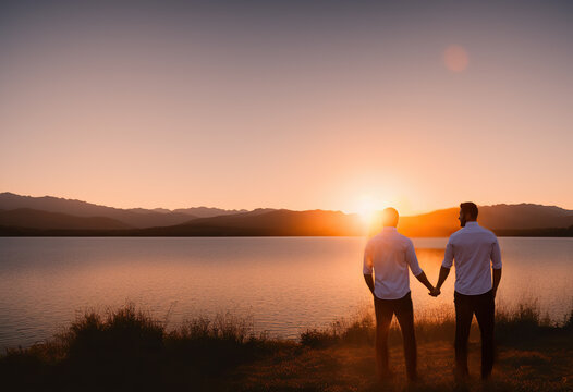 Gay male couple standing hand in hand in a lake at sunset with the sun setting