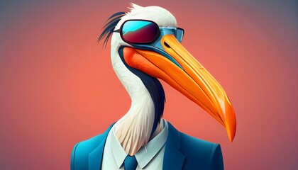 Fototapeta premium Fashion pelican in color suit with sunglasses on a solid color background, vector art, digital art, faceted, minimal, abstract, geometric. Generative AI.