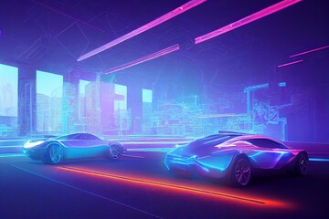 Obraz na płótnie Canvas 3D rendering illustration Building blueprint glowing neon hologram futuristic show technology security for premium product business finance transportation. Generative AI