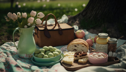 "Springtime Picnic in the Park" - a lovely wallpaper background featuring an image of a colorful and relaxing springtime picnic in the park with pastel color grading
