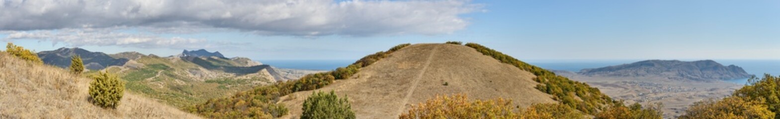 Fototapeta na wymiar Panorama from Ai-Georgiy towards Meganom and Kara Dag Mountain, Crimea.