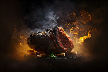 Naklejka premium Grilled beef steak on fire with rosemary and spices. Steak with fire and smoke. Baked meat. Delicious dish. Generative AI technology.