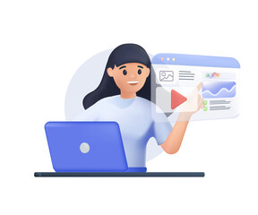 Content manager works at laptop 3D illustration. Website editor editing online page at computer. Woman surfing internet. CMS, information technology concept. 3D render vector illustration isolated