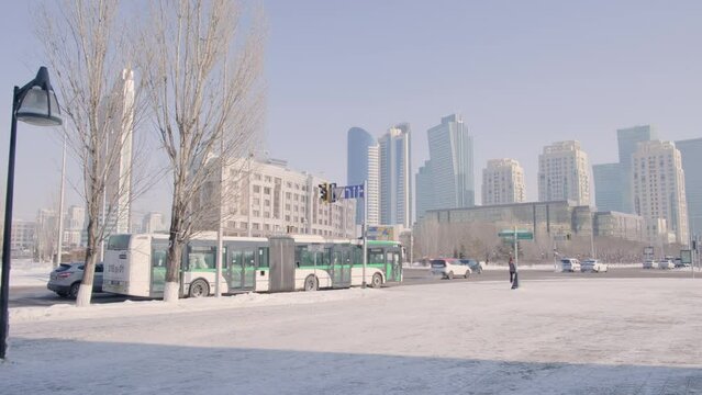 Cityscape of metropolis on frosty winter day at -30 degrees Celsius or -22 degrees Fahrenheit
