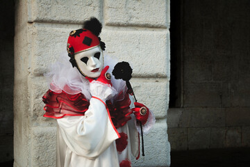 VENICE, Italy - February 17th 2023 - Pierrot mask at the Venice Carnival.