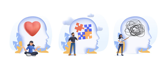 Obraz premium Mental health 3D illustration set. Man and woman with mental disorder fight against stress. 3D depression, emotional burnout and other psychological problems. Psychotherapy 3D Vector illustration
