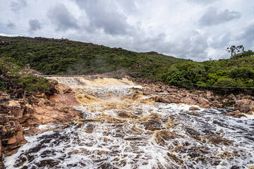 Donana Waterfall in Paraguassu River with dark waters in Andarai, Chapada Diamantina, Bahia in Brazil