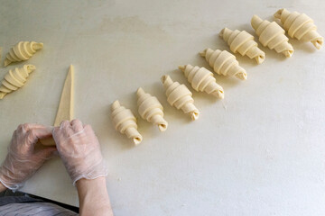 Baker in gloves rolling the dough into a croissant on the table one by one
