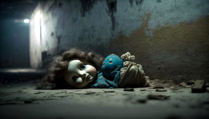 Creepy, broken doll in the middle of an abandoned room. Ai llustration, fantasy digital, artificial intelligence artwork
