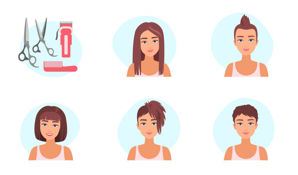 Haircuts of woman set vector illustration. Cartoon portrait of cute girls with different hairstyles, happy female character with fashion short and brown long hair, salon scissors, comb and clipper