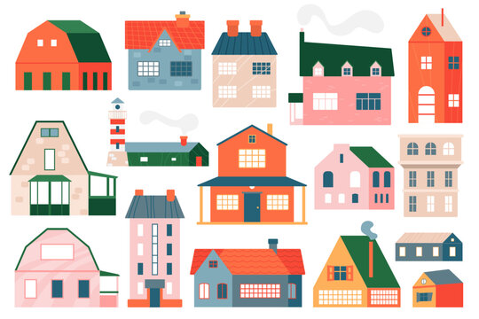 Vector illustration of cute cartooon charming small town village houses with doors, windows, chimneys, and roofs emitting smoke. Front view of a variety of brick cottages and apartments.
