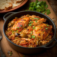 spiced chicken and rice paella in a metal pan, on a kitchen table with herbs out of focus, created with generative ai tools