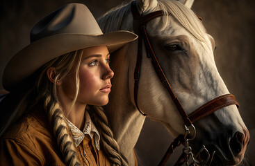 Young cowgirl and horse by generative AI - obrazy, fototapety, plakaty