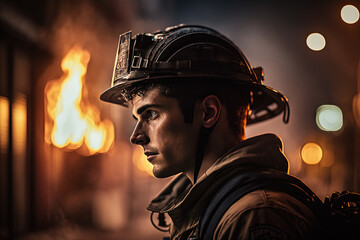 Naklejka na ściany i meble Young fireman profile in front of burning building by generative AI