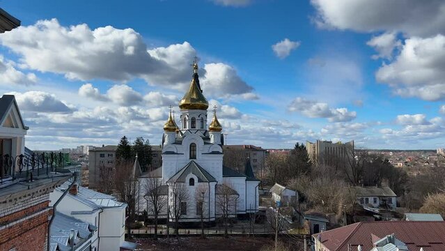 Scenic panoramic aerial view of Holy Cross Cathedral in Zhytomyr