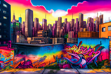 Colorful Cityscape. A Vibrant Display of Urban Street Art and Graffiti with a Skyline Backdrop. Generative AI - obrazy, fototapety, plakaty