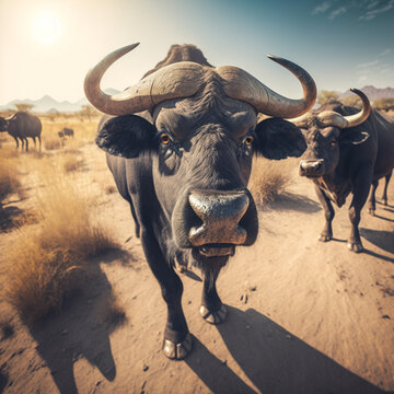 Group herd of buffalos resting in the wild looking at the camera. Wide Angle - Generative ai