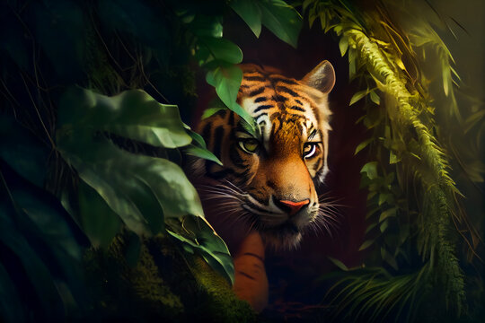Tiger Hiding in the Corner of a Green Jungle. Generative AI © EwaStudio