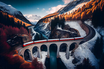 Landwasser Viaduct World Heritage with Train Express in Swiss Alps. Famous Mountain in Filisur with Train Express Passing Through. Generative AI