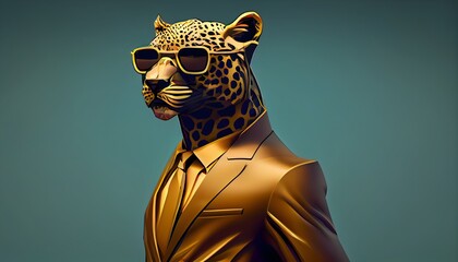 Fashion jaguar in color suit with sunglasses on a solid color background, vector art, digital art, faceted, minimal, abstract, geometric. Generative AI. - obrazy, fototapety, plakaty