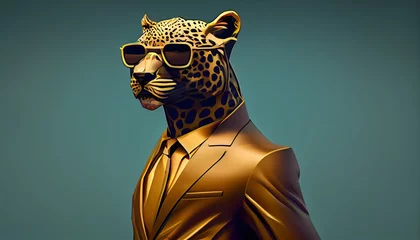 Foto op Plexiglas Fashion jaguar in color suit with sunglasses on a solid color background, vector art, digital art, faceted, minimal, abstract, geometric. Generative AI. © andrenascimento