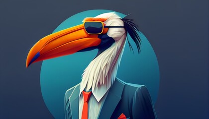 Fototapeta premium Fashion pelican in color suit with sunglasses on a solid color background, vector art, digital art, faceted, minimal, abstract, geometric. Generative AI.