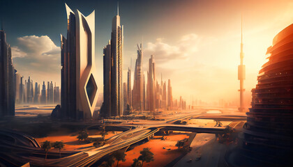 Obraz na płótnie Canvas A view of a futuristic city, with high-tech buildings, roads, and a modern skyline in the background. Generative AI.