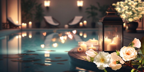  spa concept pink flowers roses and candle light in spa  salon background  generated ai