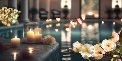 luxury romantic  Indoor Pool Spa with flower  in water candles light decor banner, spa concept pink flowers roses and candle light in spa  salon background  generated ai