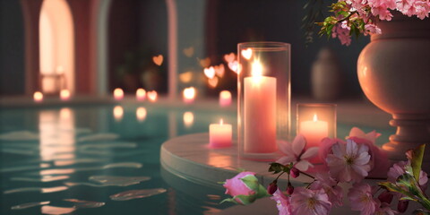  spa concept pink flowers roses and candle light in spa  salon background  generated ai