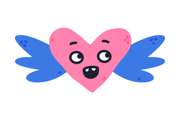 Pink Heart with Blue Wings as Creative Element Isolated on White Background Vector Illustration