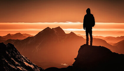 A lone hiker standing atop a mountain peak, awe-struck. Generative AI