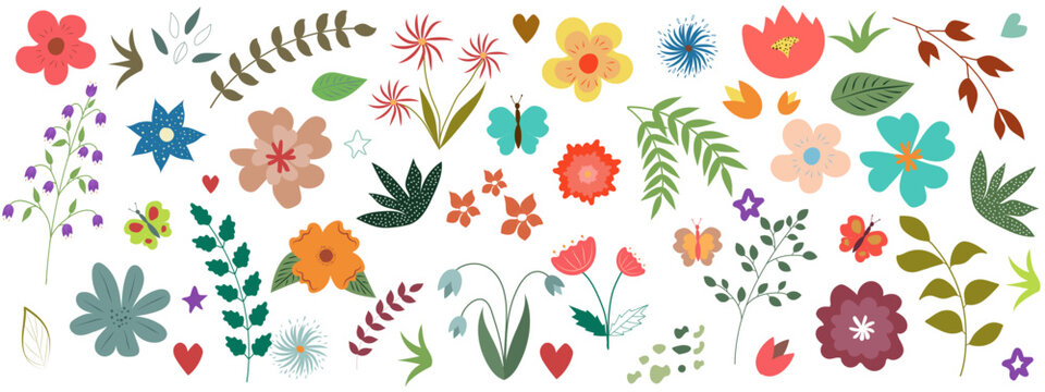 Floral collection with leaves, flower bouquets. Vector flowers. Spring art print. Folklore style. Icons isolated on white background.