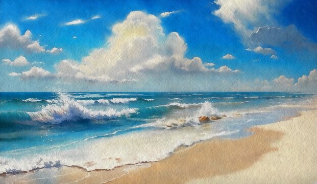 Panorama of the beach, he ocean, raging waves, the sun's rays illuminating the surface of the sea. Watercolor paintings sea landscape
