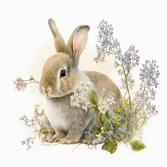 Easter bunny with spring flowers. Created with Generative AI technology