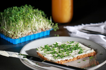 close up of a slice bread with vegan cream cheese and fresh watercress and orange juice in...